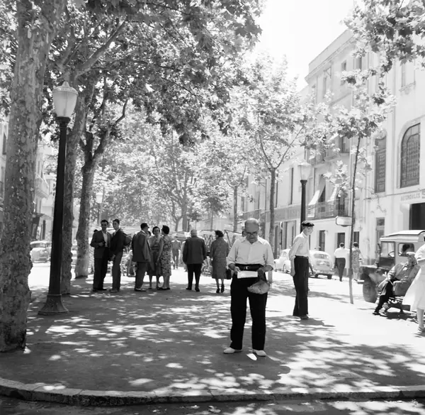Elderly man reading letter on boulevard - vintage photograph capturing quiet moment of correspondence